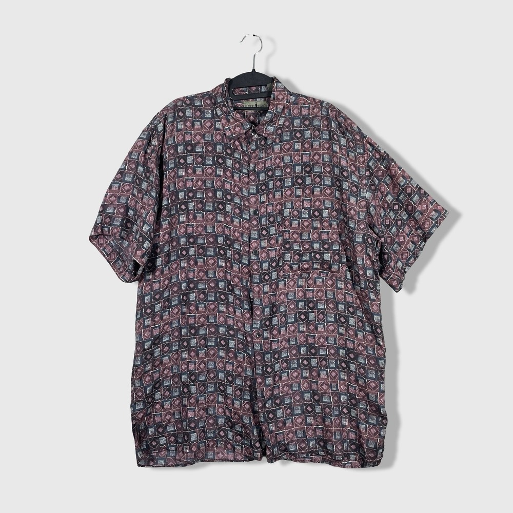 Robert Stock Button Up Shirt Mens L Purple Geometric Silk Vintage 90s Dadcore